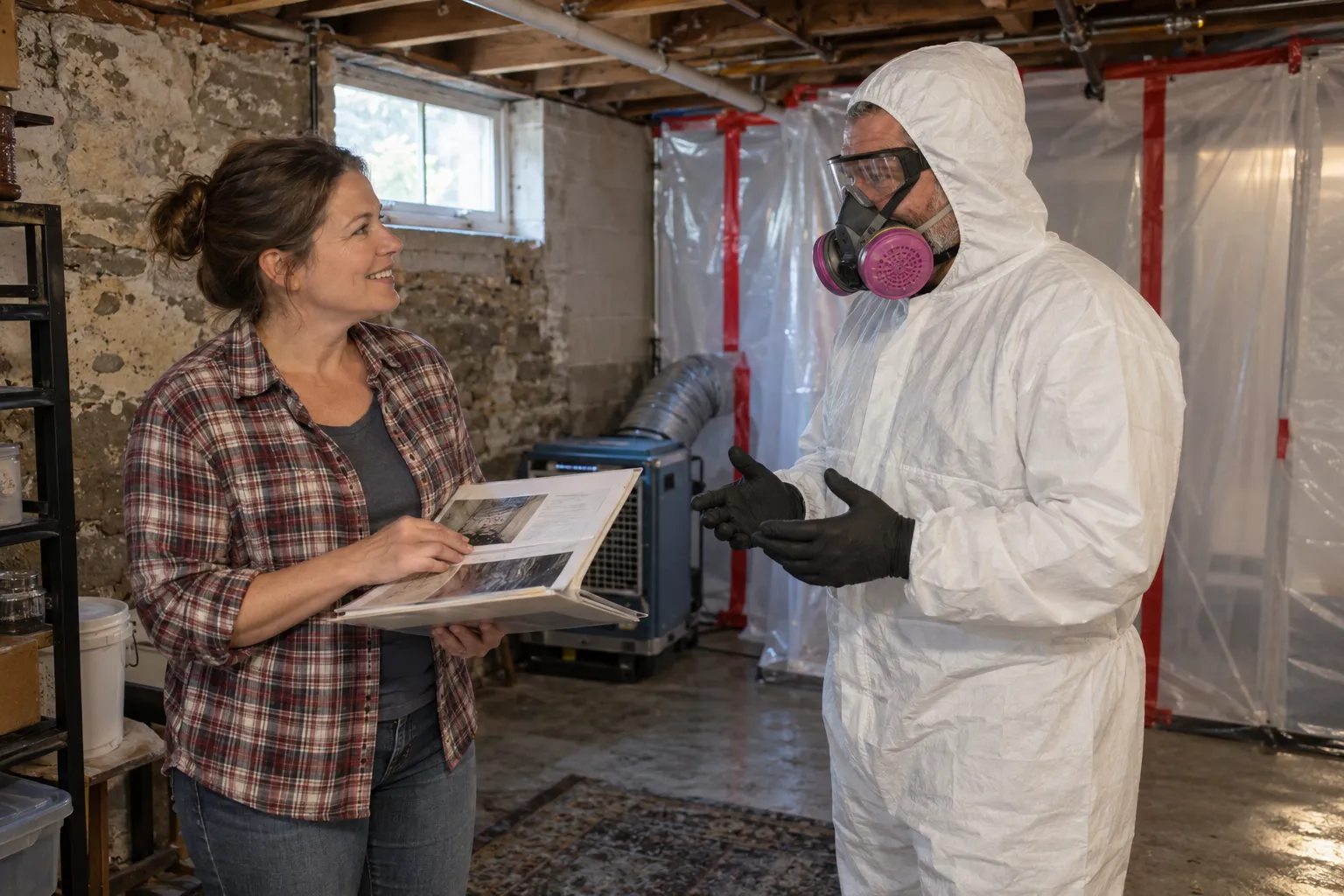 A friendly provider and a homeowner reviewing a mold remediation plan in an older basement in Baltimore